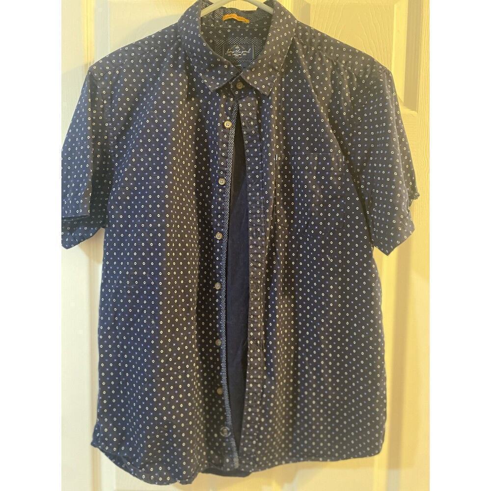ACROSS THE POND LARGE NAVY BLUE SHORT SLEEVE PATTERN SHIRT Button Down